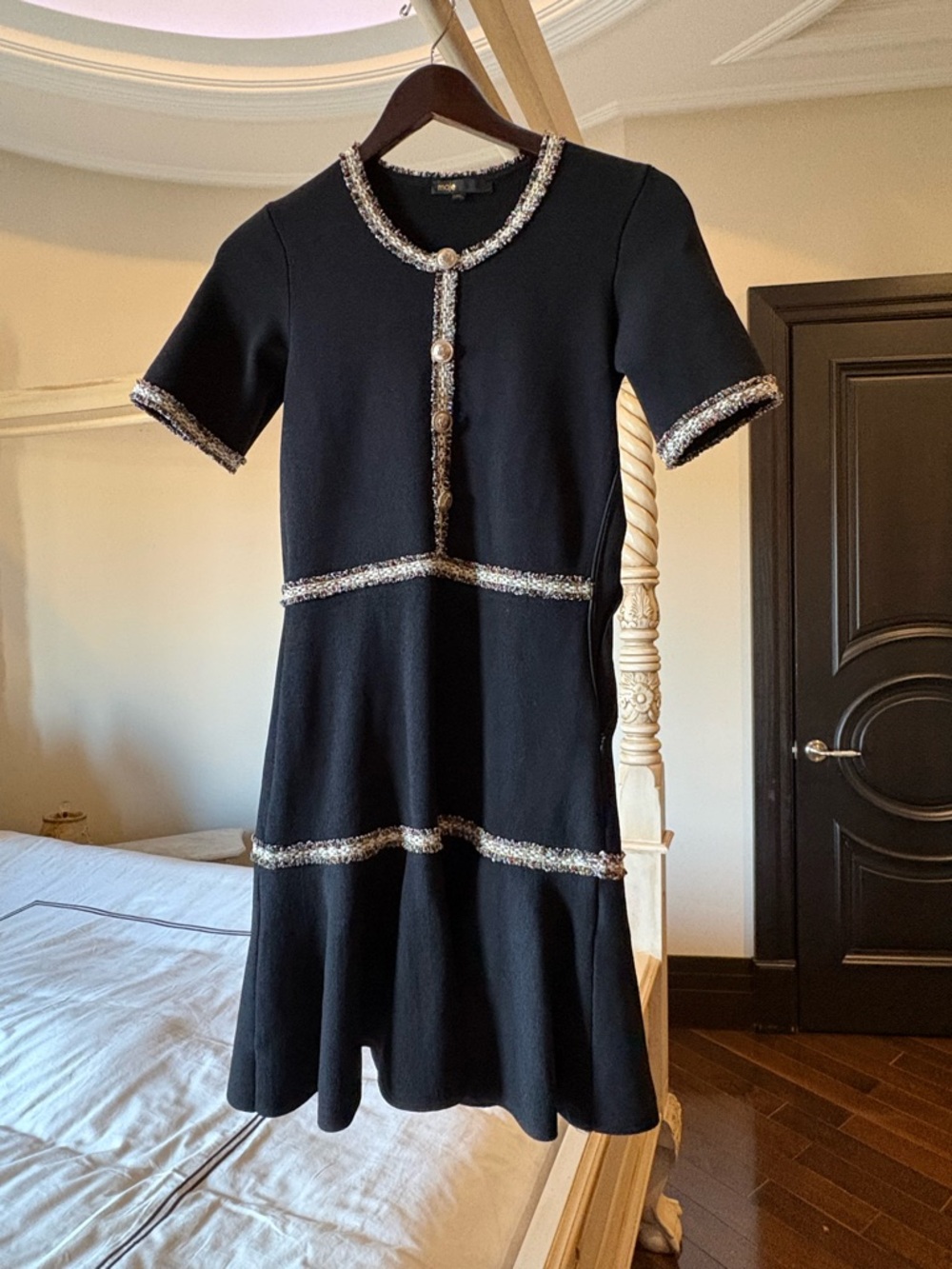 Maje Black Mini Dress with Silver Trim